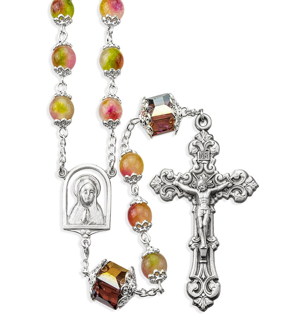 HMH 8mm Multi Color Double Capped Rose Glass Bead Pewter Rosary