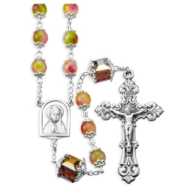 8mm multi-colored double capped rose glass beads and a 10mm Our Father cube bead Pewter Rosary, HMH Religious (view 1)