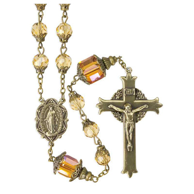 Mary Tear Drop Light Topaz Faceted Glass Beads Rosary, HMH Religious
