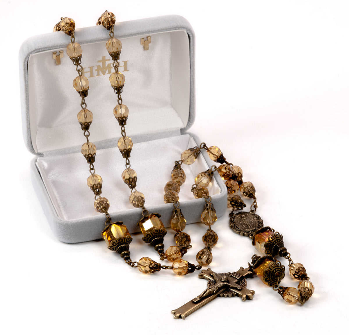 HMH Religious Mary Tear Drop Light Topaz Faceted Glass Beads Rosary