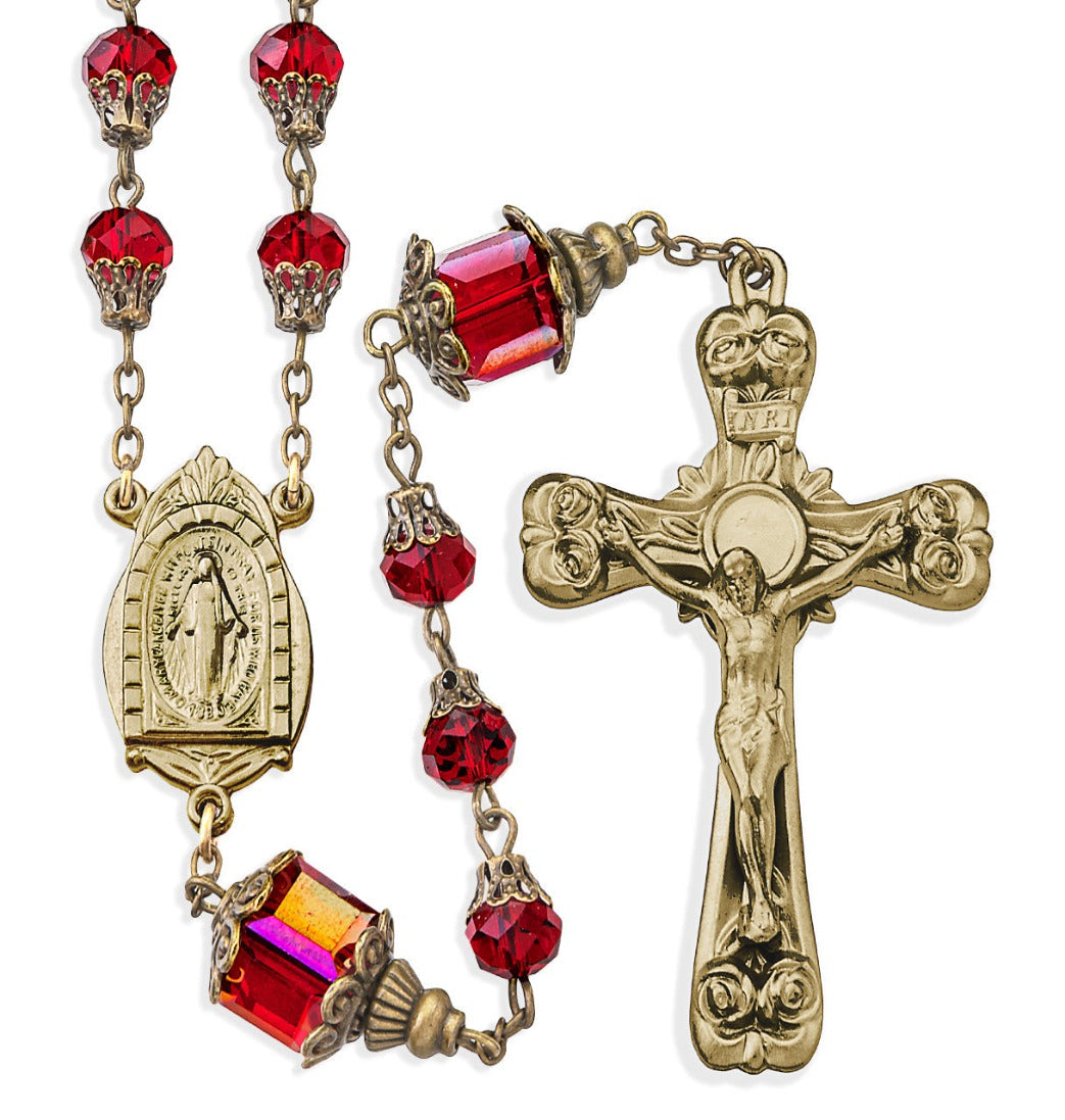 HMH 8mm Ruby Glass Faceted Capped Beads Rosary