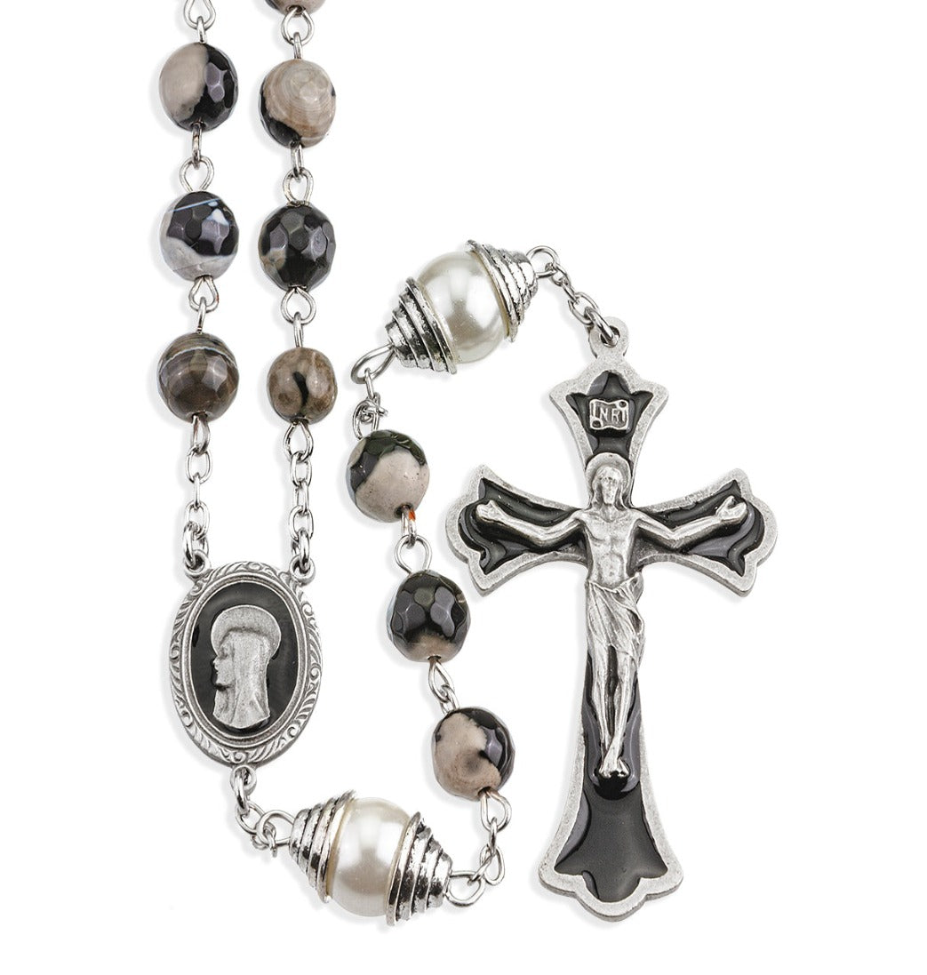 8mm Black and Grey Onyx Gemstone Pewter Rosary