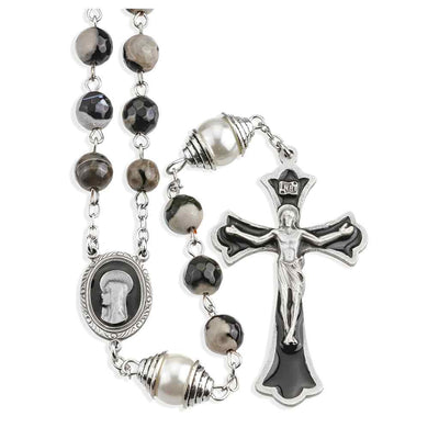 8mm Black and Grey Onyx Gemstone Pewter Rosary, HMH Religious