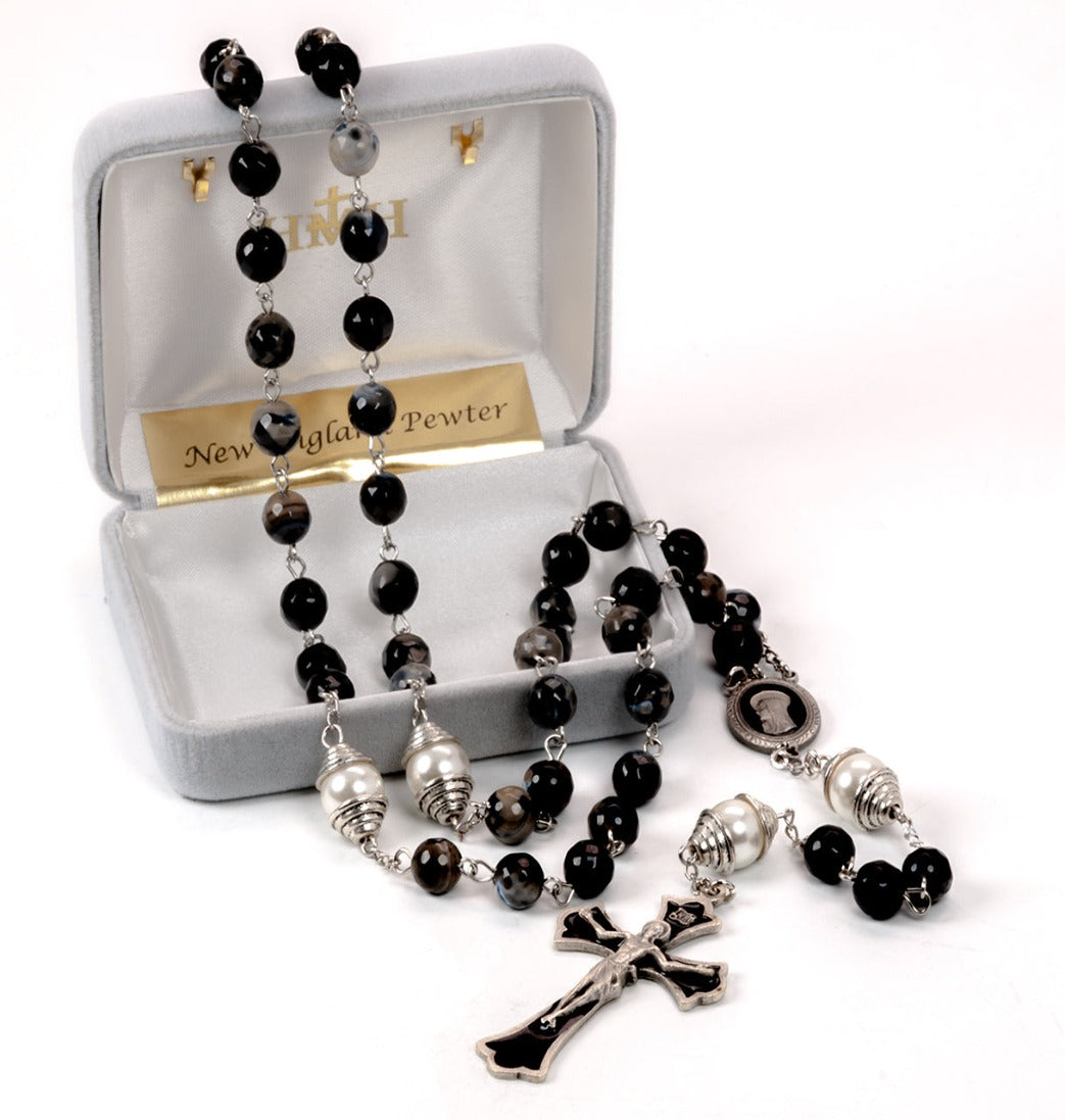 8mm Black and Grey Onyx Gemstone Pewter Rosary in Box