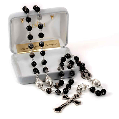 8mm Black and Grey Onyx Gemstone Pewter Rosary in Box, HMH Religious (view 2)