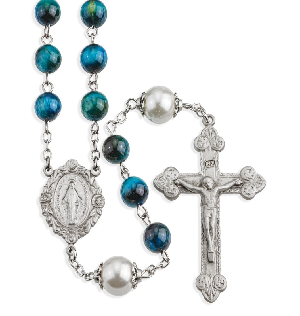 HMH 8mm Turquoise Dyed Tigereye Gemstone Pewter Rosary