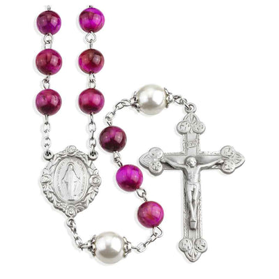 8mm Fuchsia Dyed Tiger Eye Gemstone Bead Rosary made with Genuine Pewter Crucifix and Centerpiece, HMH Religious