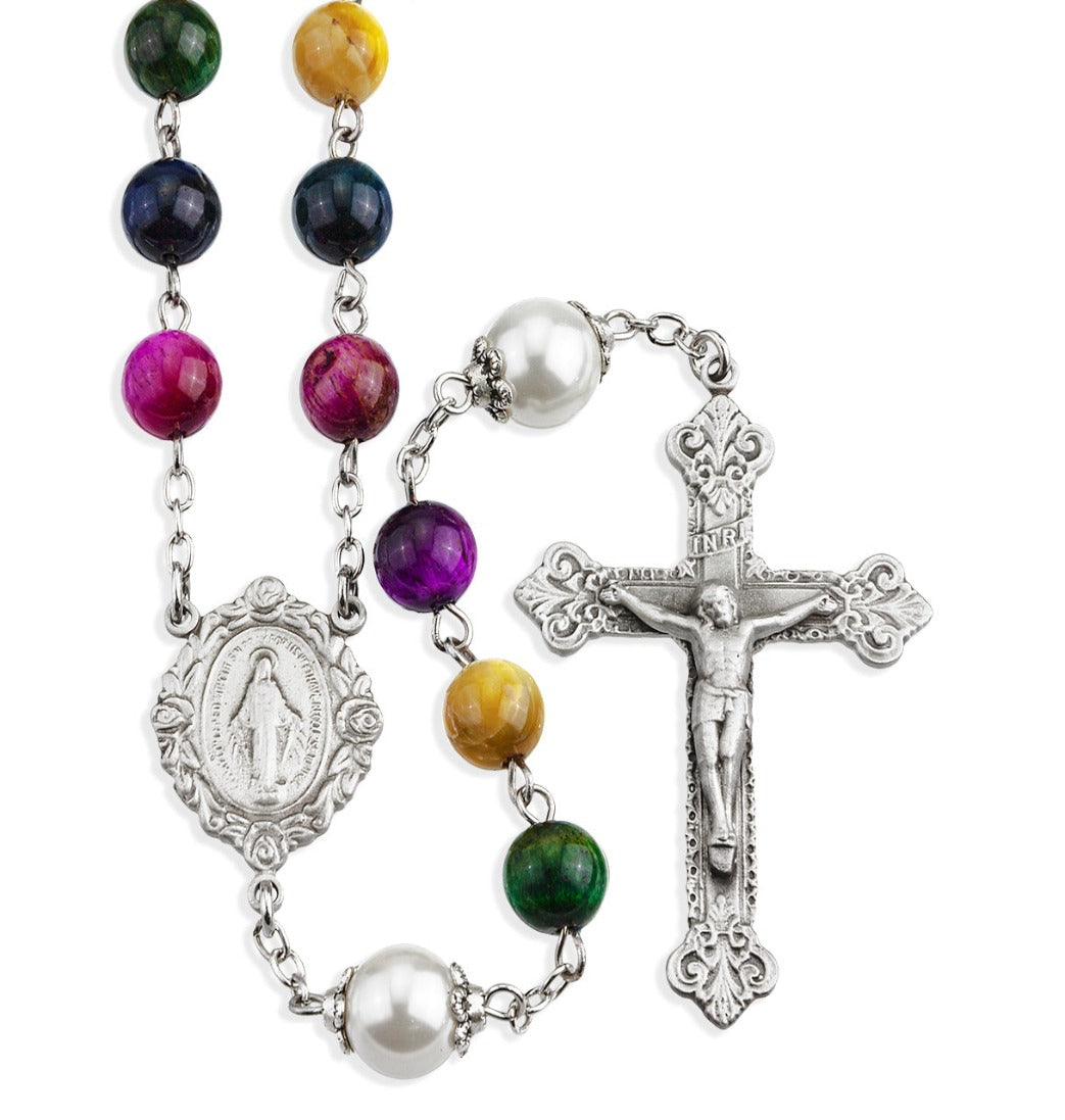 HMH 8mm Multi-Colored Dyed Tiger Eye Gemstone Pewter Rosary