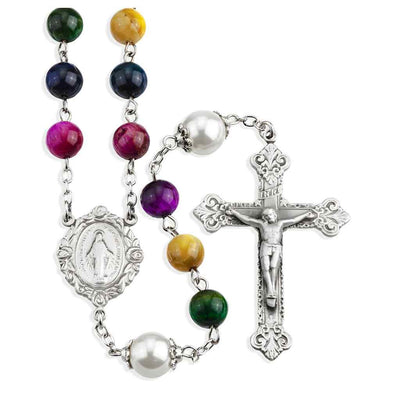 8mm Multi-Colored Dyed Tiger Eye Gemstone Pewter Rosary, HMH Religious