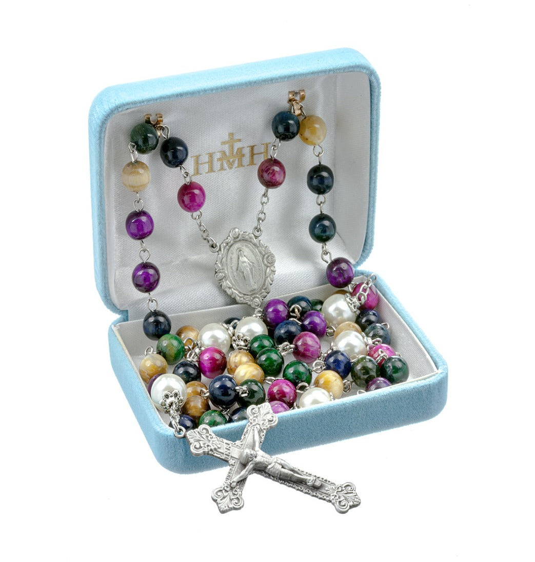 HMH 8mm Multi-Colored Dyed Tiger Eye Gemstone Pewter Rosary in Box