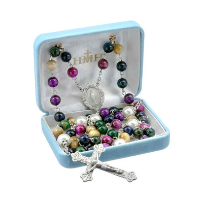 8mm Multi-Colored Dyed Tiger Eye Gemstone Pewter Rosary in Box, HMH Religious