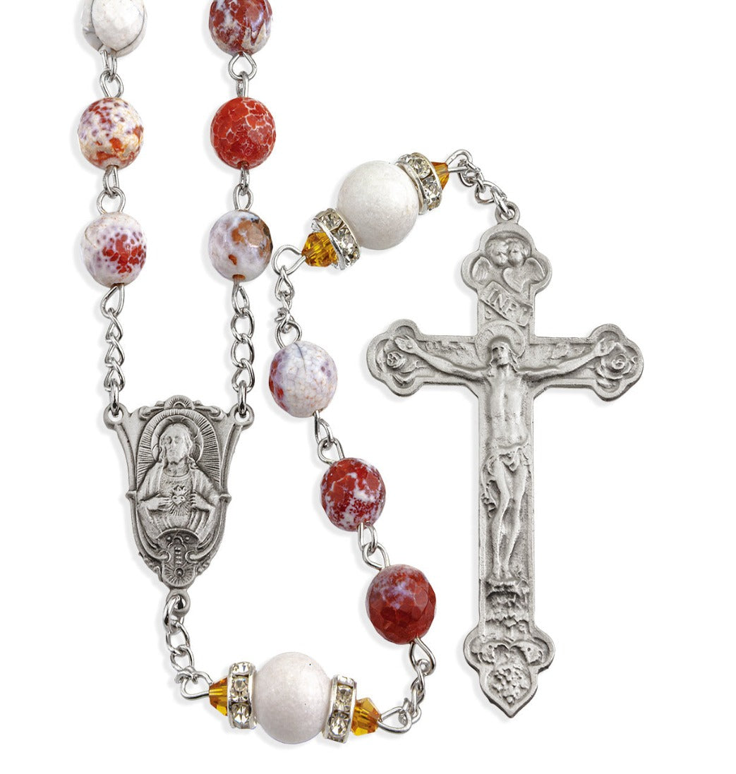 HMH 8mm White and Rust Onyx Gemstone Pewter Rosary