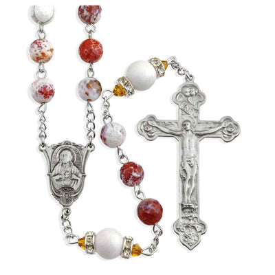 8mm White and Rust Onyx Faceted Gemstone Beads Rosary with pewter center and crucifix, HMH Religious