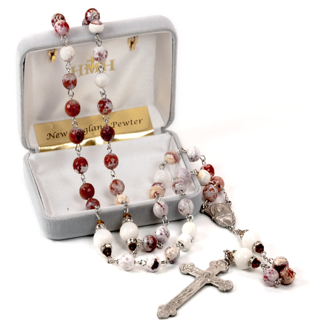 HMH 8mm White and Rust Onyx Gemstone Pewter Rosary in Box