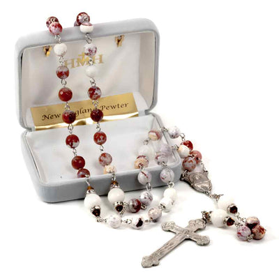 8mm White and Rust Onyx Faceted Gemstone Beads Rosary with pewter center and crucifix in gift box, HMH Religious (view 3)