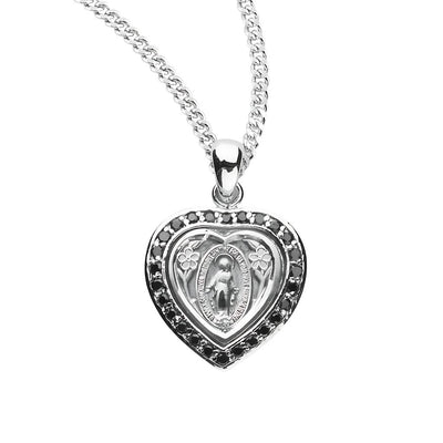 Small Heart Miraculous Sterling Jet Black Cubic Zirconia Necklace with Chain, Heart frame and adorned with 26 cubic zirconias, HMH Religious