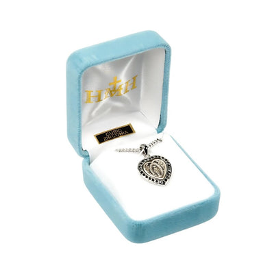 Small Heart Miraculous Sterling Jet Black Cubic Zirconia Necklace with Chain and Gift Box, Heart frame and adorned with 26 cubic zirconias, HMH Religious (view 3)