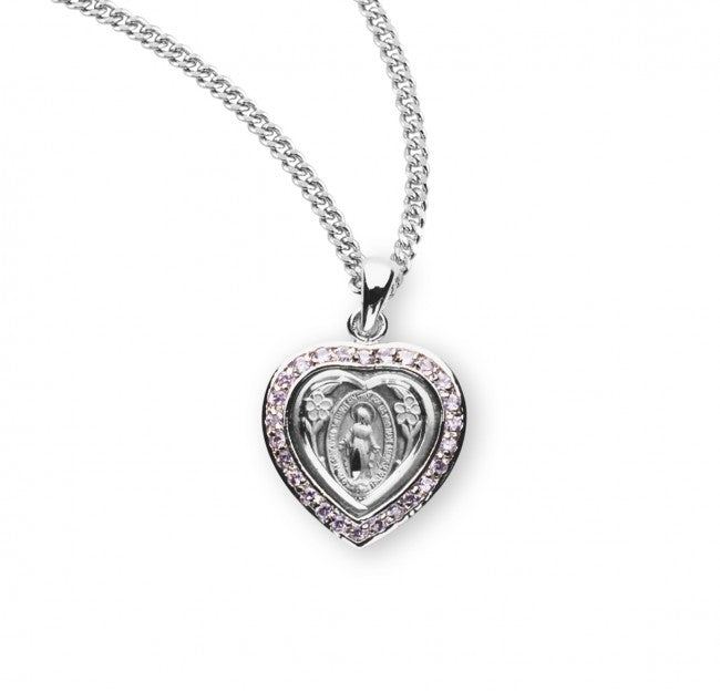 HMH Religious Small Heart Miraculous Sterling Silver Pink Cubic Zirconia Necklace