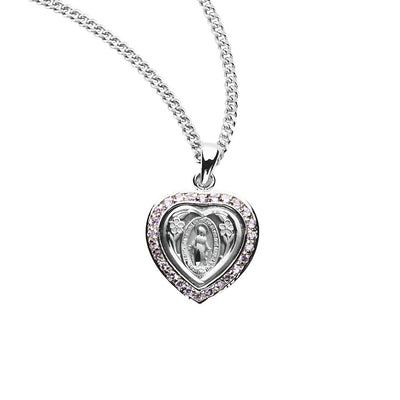 Small Heart Miraculous Sterling Pink Cubic Zirconia Necklace with Chain, Heart frame and adorned with 26 cubic zirconias, HMH Religious