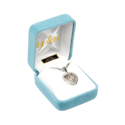 Small Heart Miraculous Sterling k Cubic Zirconia Necklace with Chain and Gift Box, Heart frame and adorned with 26 cubic zirconias in gift box, HMH Religious (view 4)