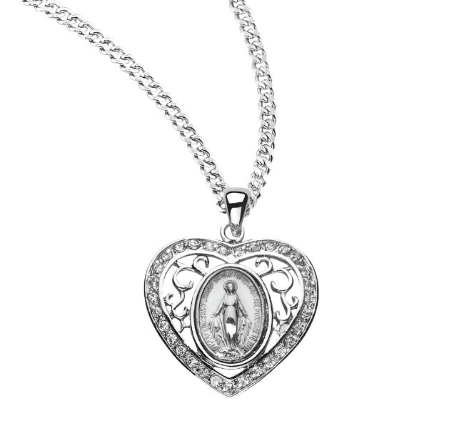 HMH Religious Sterling Silver Cubic Zirconia Heart Miraculous Medal Necklace