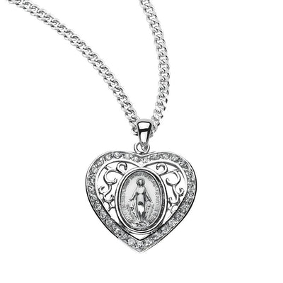Clear Cubic Zirconia Heart Frame Miraculous Medal Sterling Silver Medal Necklace with 18" Stainless Steel Chain, HMH Religious