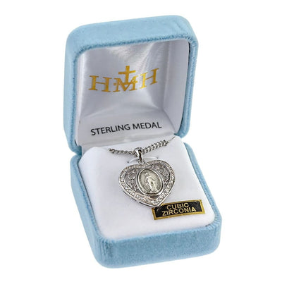 Clear Cubic Zirconia Heart Frame Miraculous Medal Sterling Silver Medal Necklace with 18" Stainless Steel Chain in Gift Box, HMH Religious