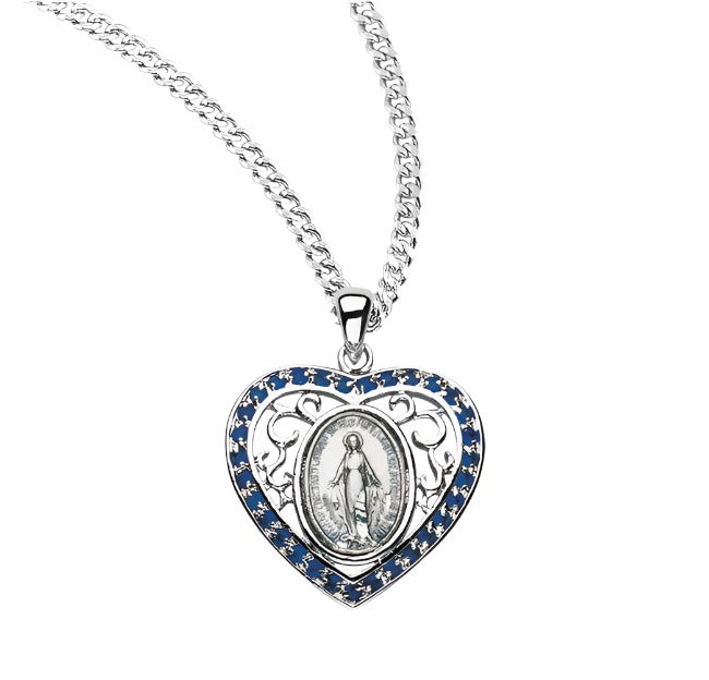 HMH Religious Sterling Sapphire Heart Miraculous Medal Necklace