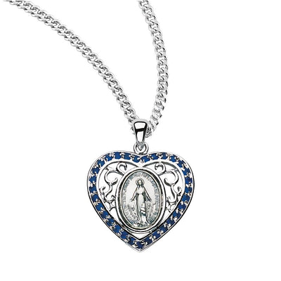 Sapphire Cubic Zirconia Heart Frame Miraculous Medal Sterling Silver Medal Necklace with 18" Stainless Steel Chain, HMH Religious