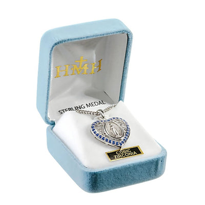 Sapphire Cubic Zirconia Heart Frame Miraculous Medal Sterling Silver Medal Necklace with 18" Stainless Steel Chain in Gift Box, HMH Religious (view 3)