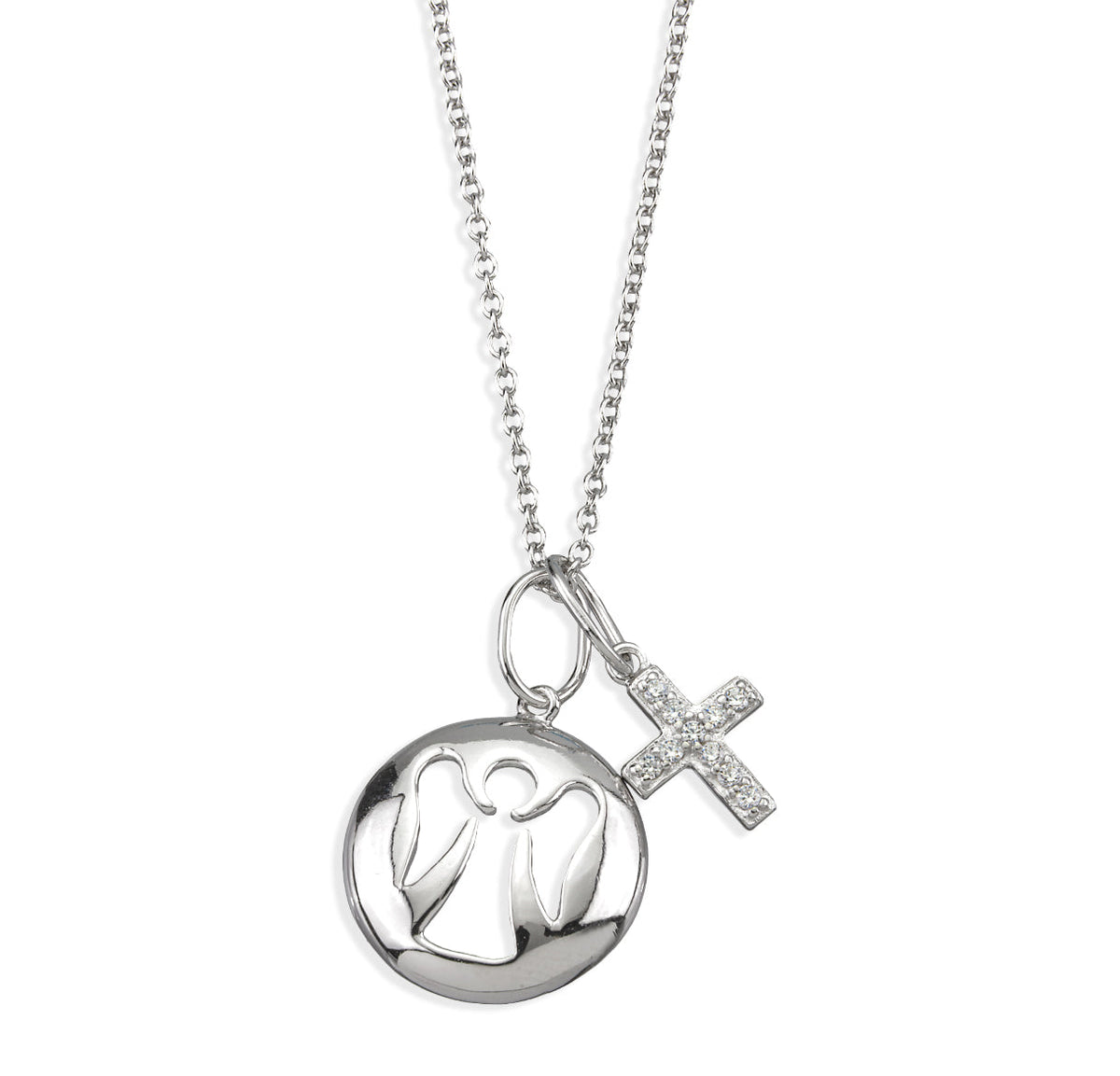 HMH Religious Sterling Silver Guardian Angel and Cross Necklace