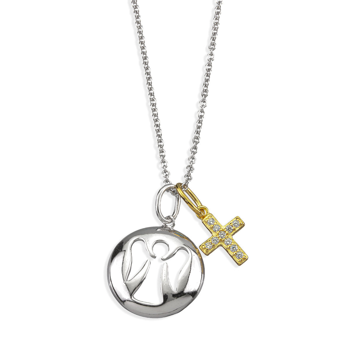 HMH Religious Sterling Silver Guardian Angel and Gold Cross Necklace