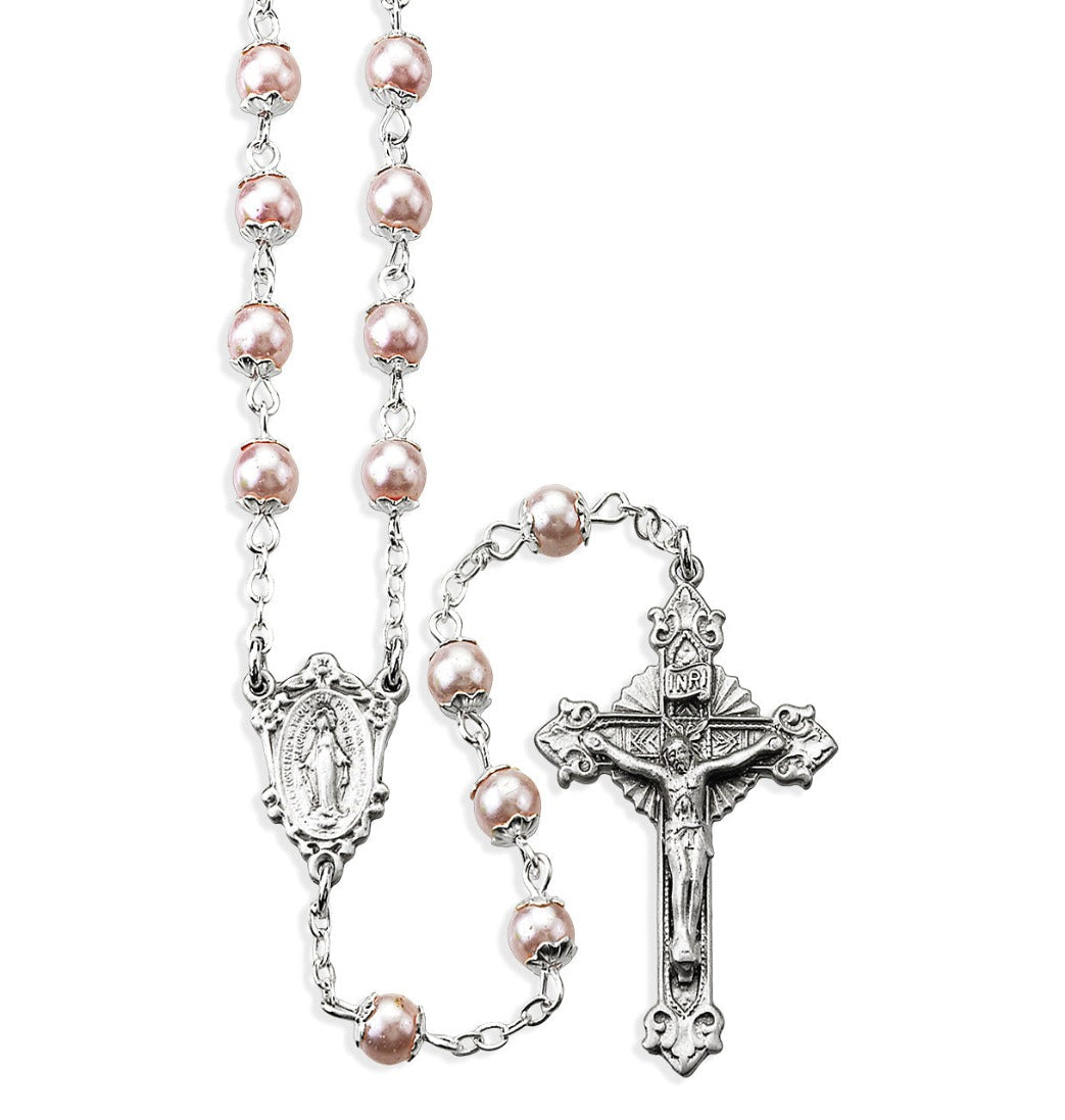 HMH 5mm Pink Imitation Pearl Double Capped Pewter Rosary