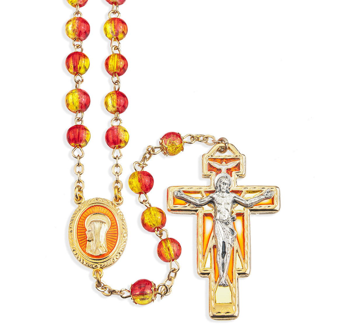 Gold and Red Crackle Bead New England Pewter Rosary