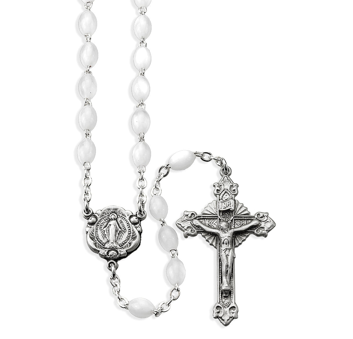 HMH White Imitation Mother of Pearl Pewter Rosary