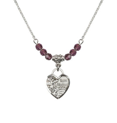 Sterling Silver Heart St Michael Beaded Necklace with Amethyst Crystals, Bliss Manufacturing
