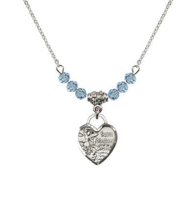 Sterling Silver Heart St Michael Beaded Necklace with Aqua Crystals, Bliss Manufacturing