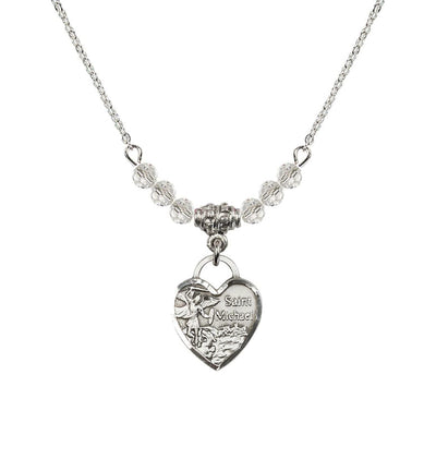Sterling Silver Heart St Michael Beaded Necklace with Crystals, Bliss Manufacturing