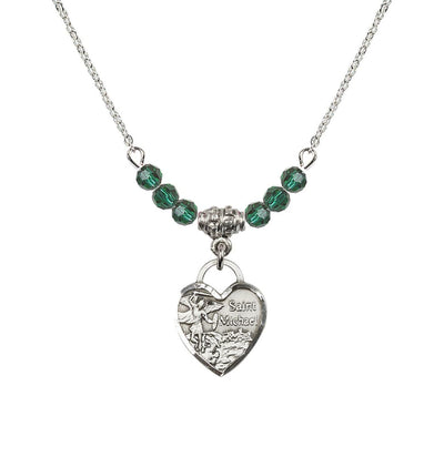 Sterling Silver Heart St Michael Beaded Necklace with Emerald Crystals, Bliss Manufacturing