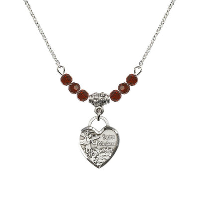 Sterling Silver Heart St Michael Beaded Necklace with Garnet Crystals, Bliss Manufacturing