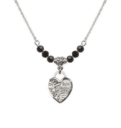 Sterling Silver Heart St Michael Beaded Necklace with Jet Crystals, Bliss Manufacturing