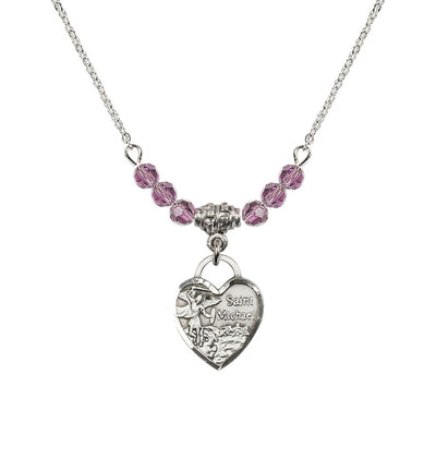 Sterling Silver Heart St Michael Beaded Necklace with Light Amethyst Crystals, Bliss Manufacturing