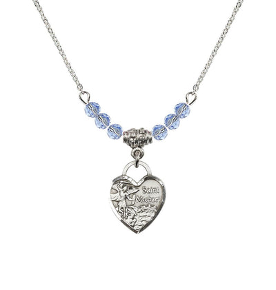 Sterling Silver Heart St Michael Beaded Necklace with Light Sapphire Crystals, Bliss Manufacturing