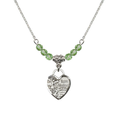 Sterling Silver Heart St Michael Beaded Necklace with Peridot Crystals, Bliss Manufacturing