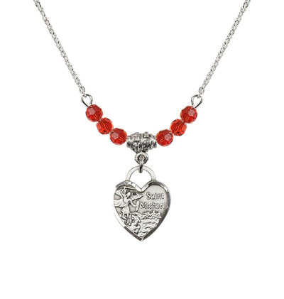 Sterling Silver Heart St Michael Beaded Necklace with Ruby Crystals, Bliss Manufacturing