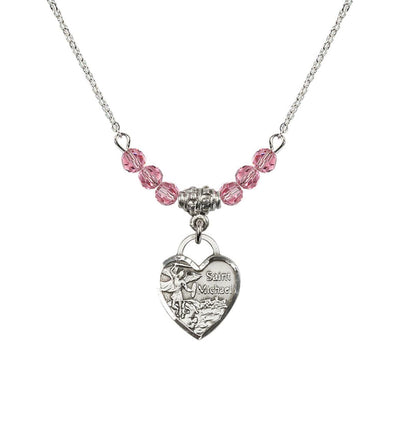 Sterling Silver Heart St Michael Beaded Necklace with Rose Crystals, Bliss Manufacturing