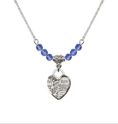 Sterling Silver Heart St Michael Beaded Necklace with Sapphire Crystals, Bliss Manufacturing