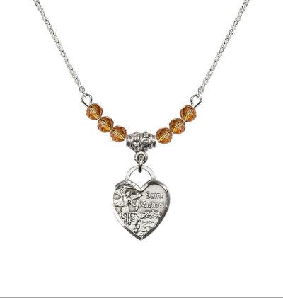Sterling Silver Heart St Michael Beaded Necklace with Topaz Crystals, Bliss Manufacturing