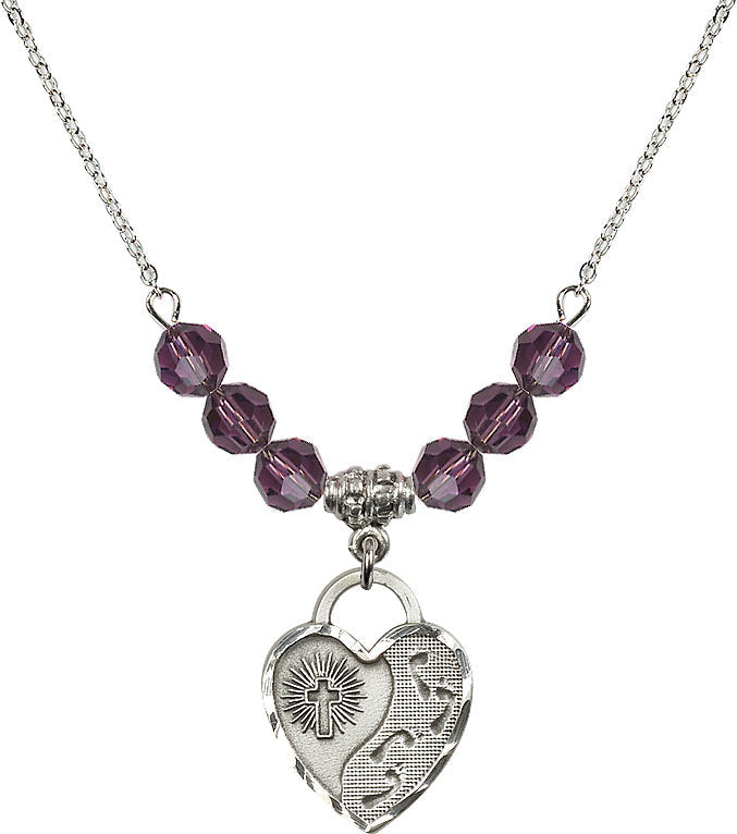 Bliss Sterling Silver Footprints Heart 6mm Beaded Necklace in Amethyst,