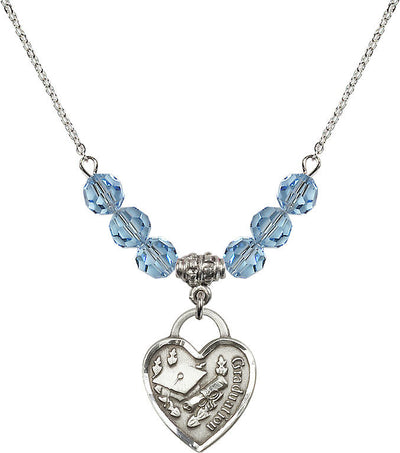 Large Sterling Silver Graduation Heart 6mm Aqua Beaded Necklace, Measures 3/4-inch tall by 5/8-inch wide, Bliss Manufacturing